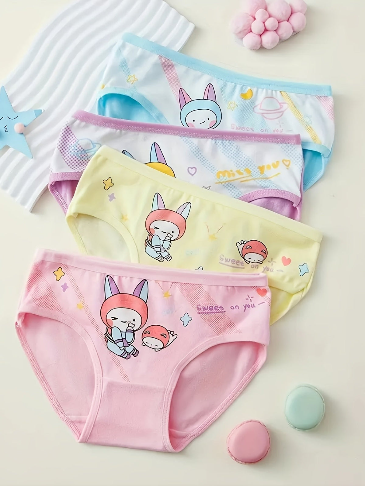 Girls' Cartoon Briefs 8-Pack in Random Pastel Colors with Elastic Waists for Everyday Underwear Changes