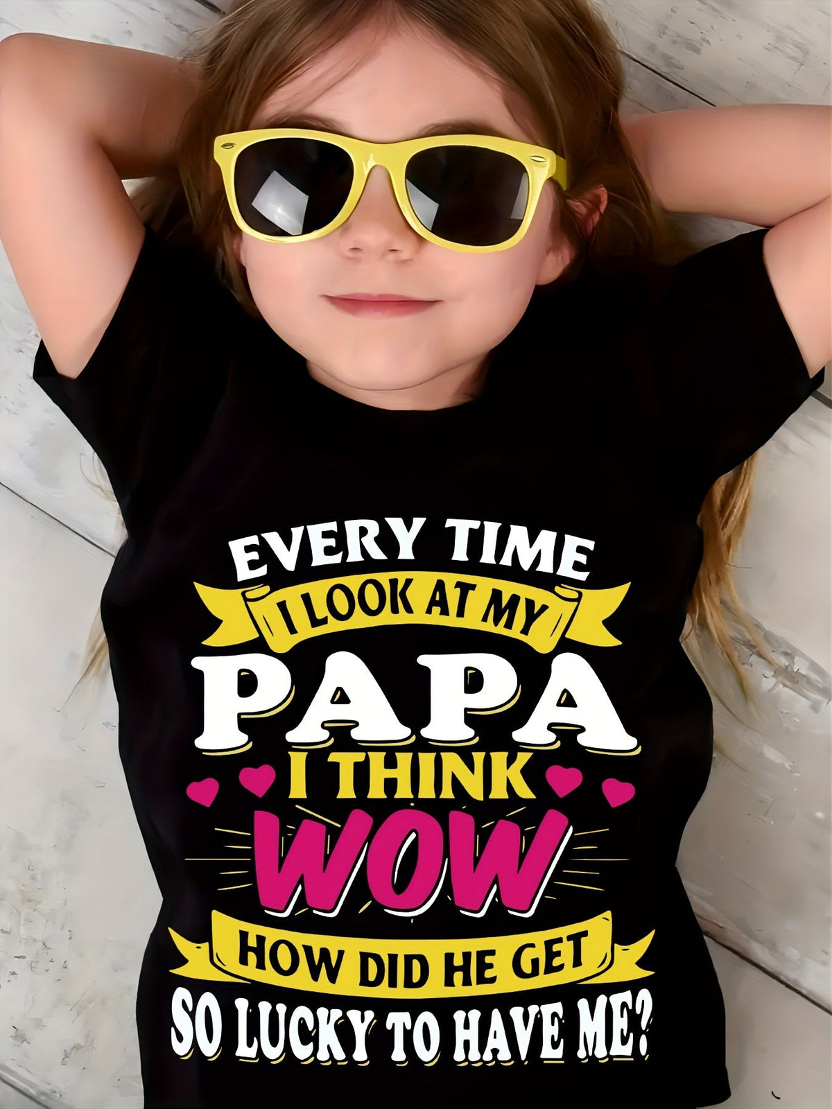 Girls' My Papa Is Lucky to Have Me T-Shirt in Black with Pink and Yellow Lettering for Family Outings