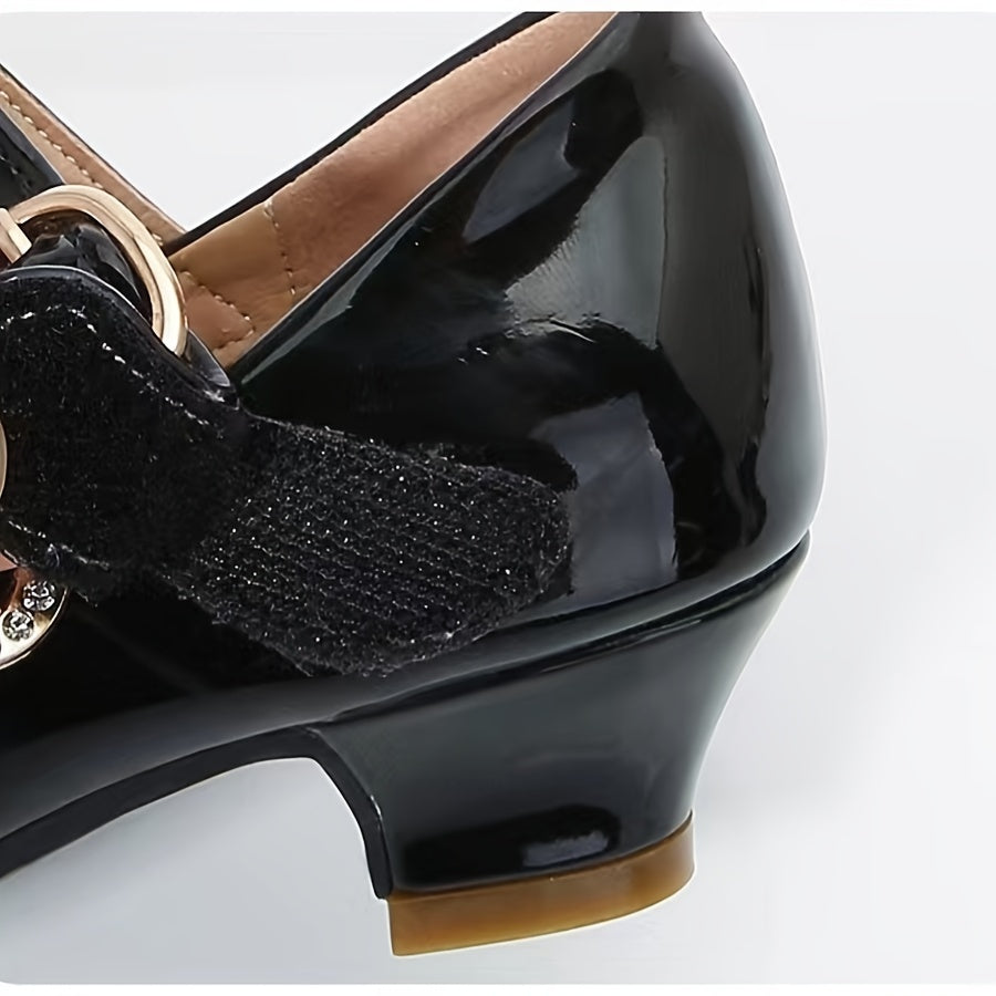 Girls' Black Mary Jane Shoes with Glossy Uppers and Low Heels for Parties and Special Occasion Outfits