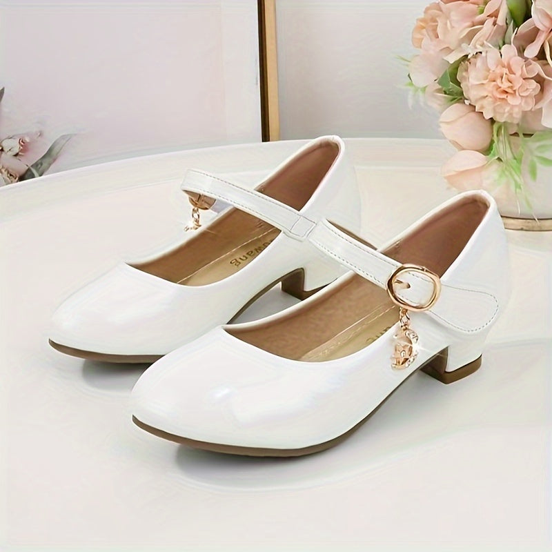 Girls' Glossy Mary Jane Shoes with Round Strap Accents and Small Heels for Parties and Dress Outfits