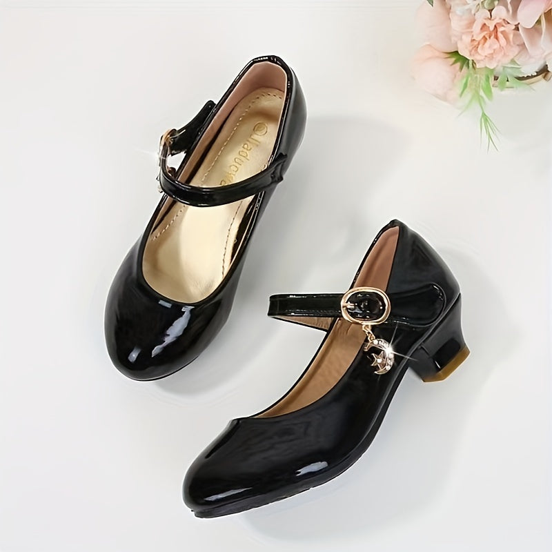 Girls' Glossy Mary Jane Shoes with Round Strap Accents and Small Heels for Parties and Dress Outfits