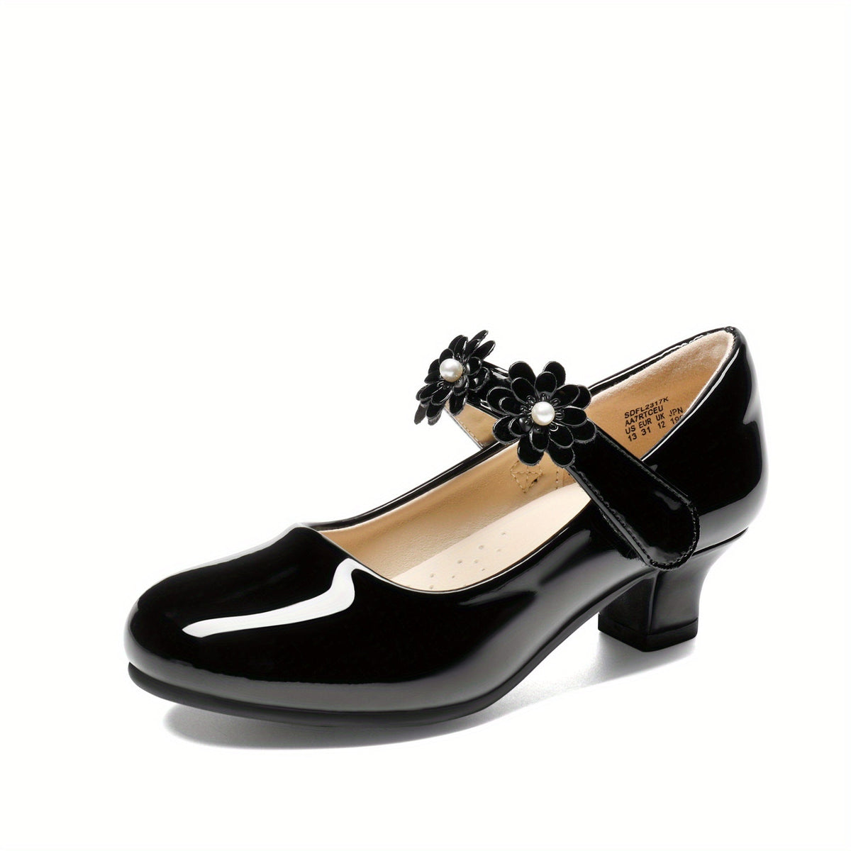 Floral Mary Jane Pumps for Girls with Rounded Toes and Low Heels in Black, White or Glittering Gold