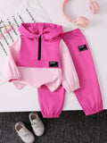 Toddler Girls' Pink Colorblock Half Zip Hoodie and Jogger Pants Set with Matching Letter Patch Details