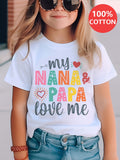 Girls' Short Sleeve Cotton Graphic T-Shirt in White with Colorful My Nana and Papa Love Me Print