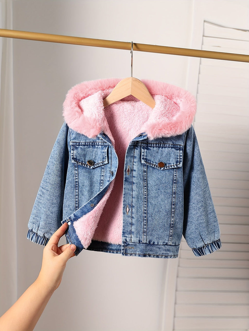Girls' Hooded Denim Jacket in Blue with Pink Plush Lining and a Button Front for Fall and Winter