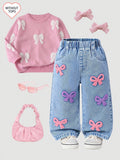Baby Girl Bow Embroidered Jeans in Light Blue with Pink and Purple Details for Relaxed Everyday Outfits
