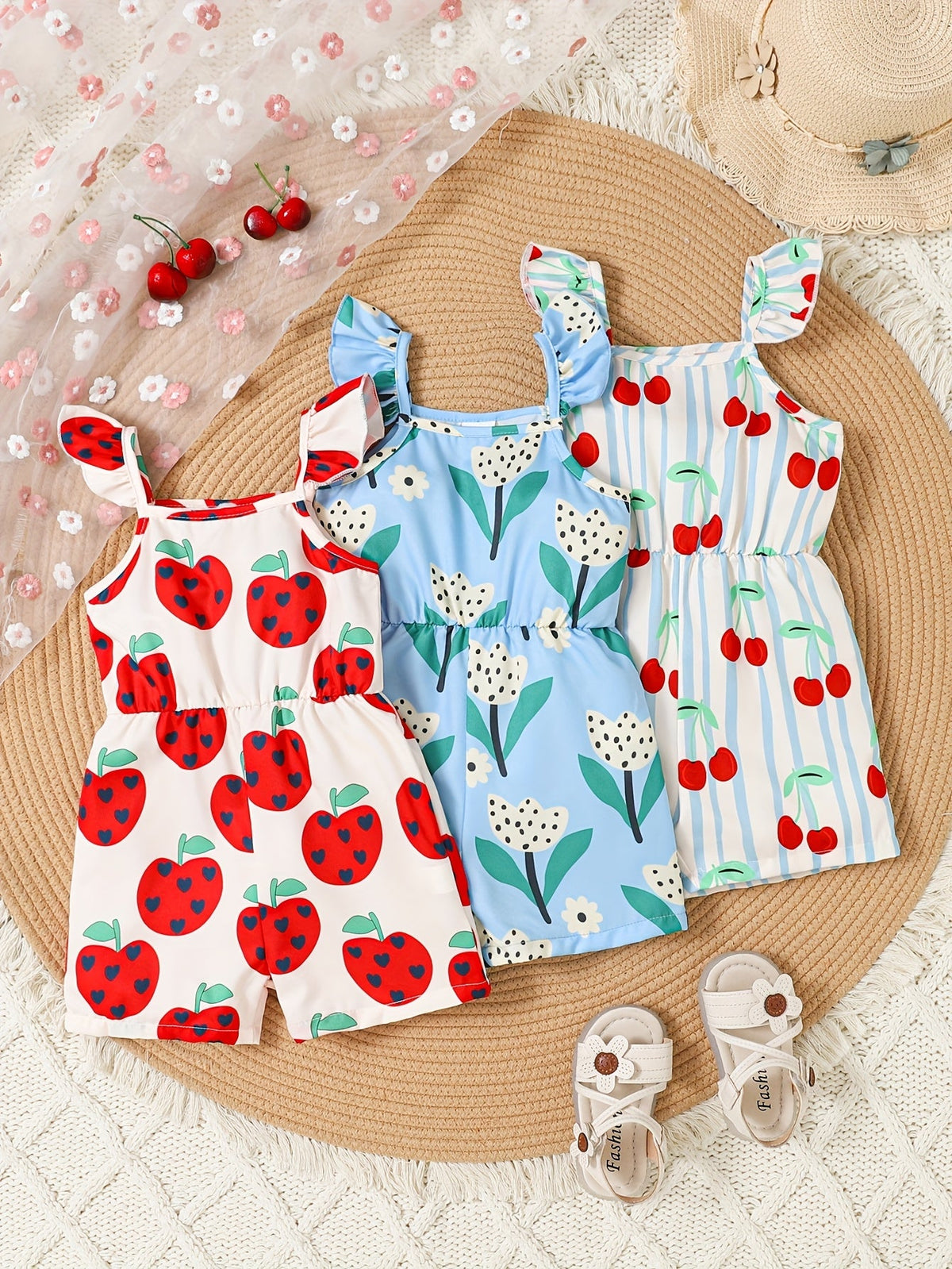 Baby Girls' Short Rompers 3-Pack with Pink Fruit and Blue Heart Prints for Sleeveless Summer Outfits
