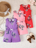 Girls' Floral Rompers 3-Pack with Sleeveless Tops and Bow Waist Details for Casual Summer Outfits