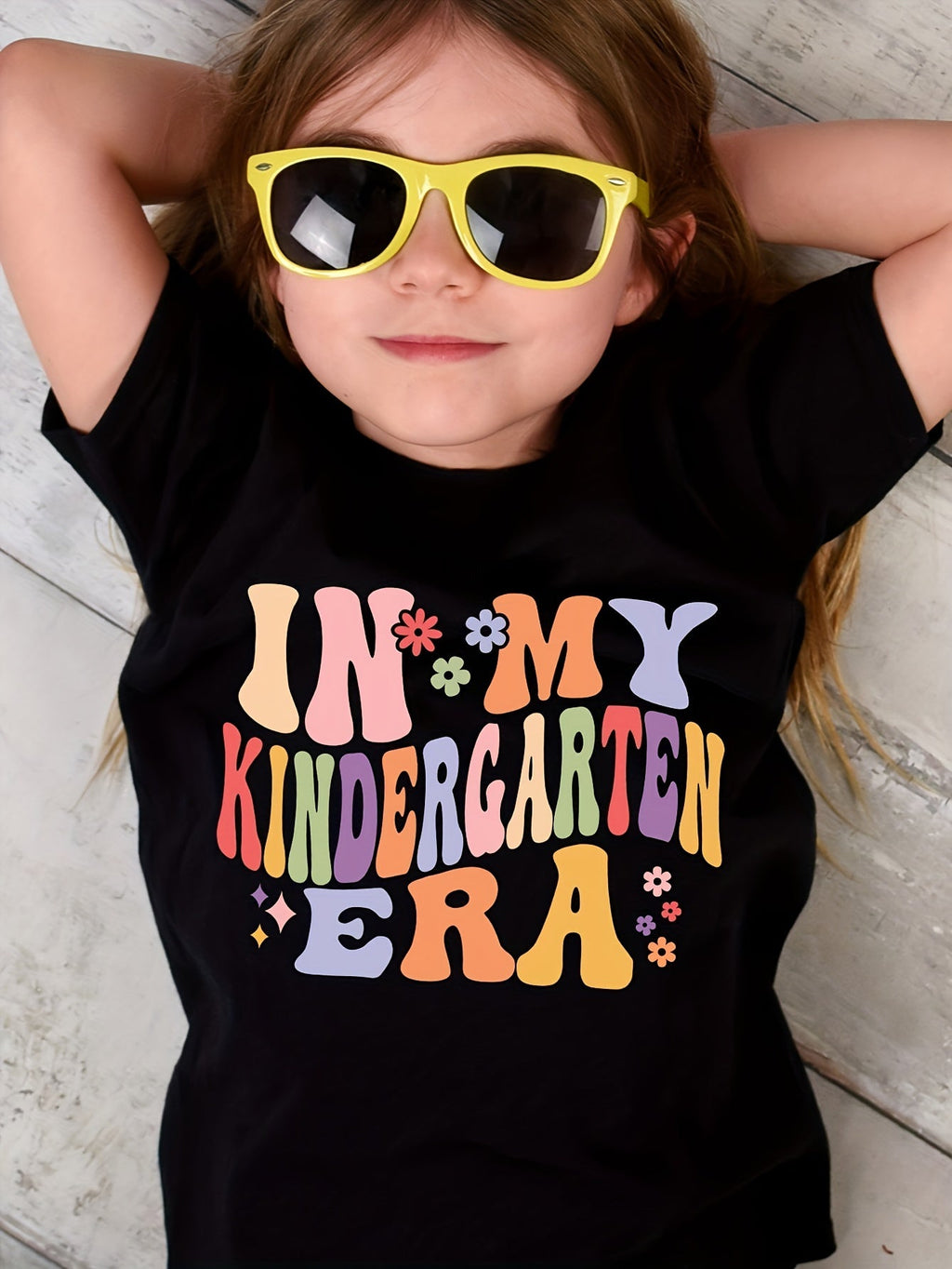 Girls' Kindergarten Era Cotton T-Shirt in Black with Colorful Lettering and Flowers for School Days