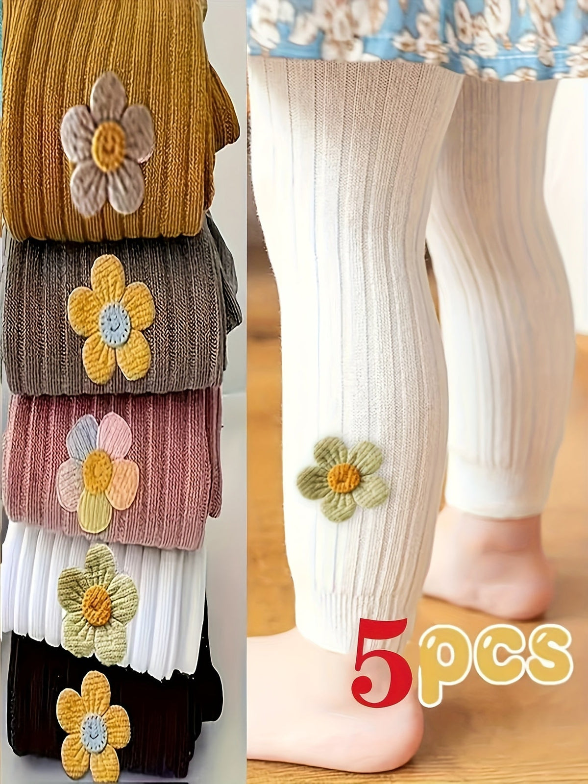 Girls' Ribbed Flower Leggings 5-Pack in Random Colors with Stretch Knit Fabric for Everyday Layering