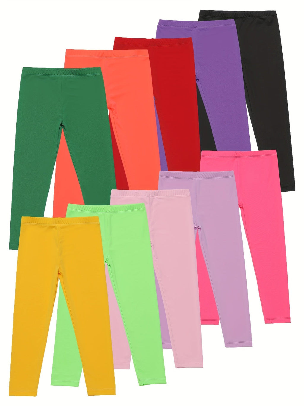Girls' Stretch Leggings in a Ten Piece Solid Color Pack with Full Length Legs for Everyday Outfits