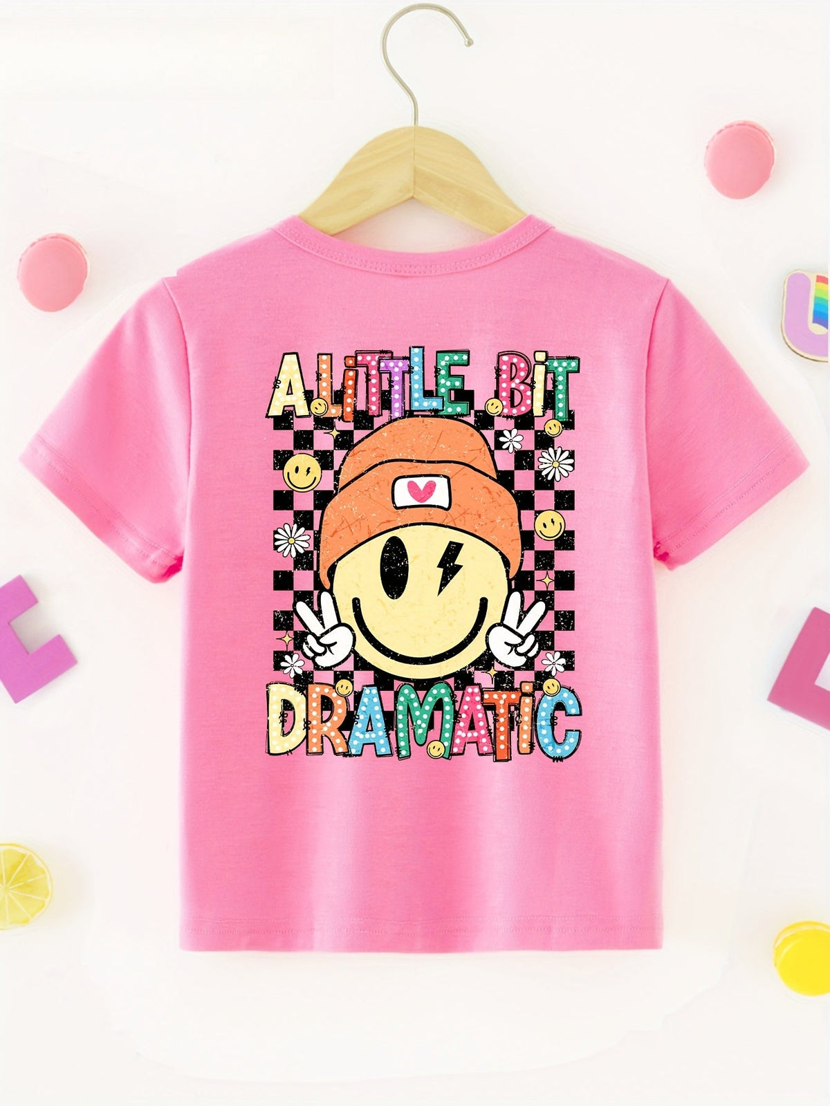 Girls' Graphic T-Shirt in Rose Pink Cotton with a Little Bit Dramatic Print for Casual Summer Outfits