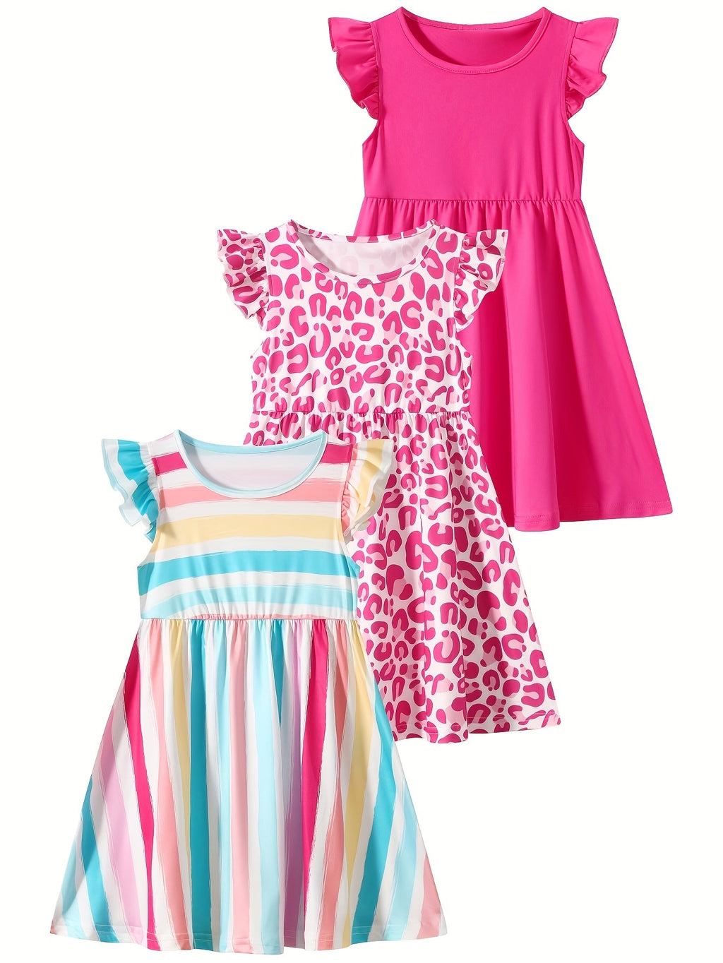 Girls' Three-Piece Random Summer Clothing Assortment Featuring Dresses and Rompers in Mixed Colors