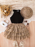 Girls' Leopard Skirt Set with a Black Ribbed Halter Top and Matching Hat for Casual Summer Outfits