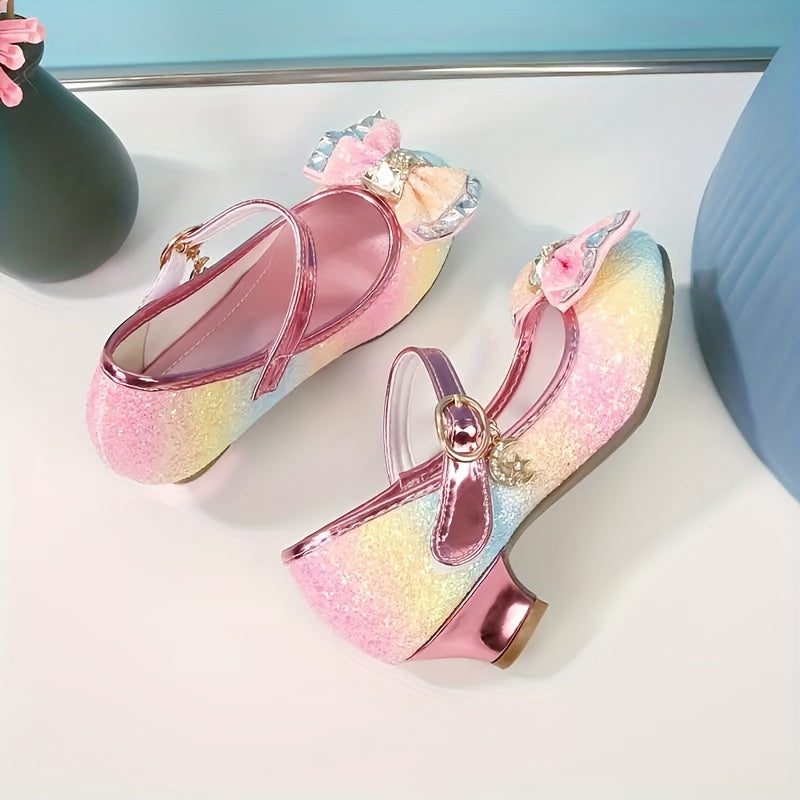 Girls' Iridescent Dress Shoes with Pastel Rainbow Sparkle and Bow Details for Parties and Celebrations