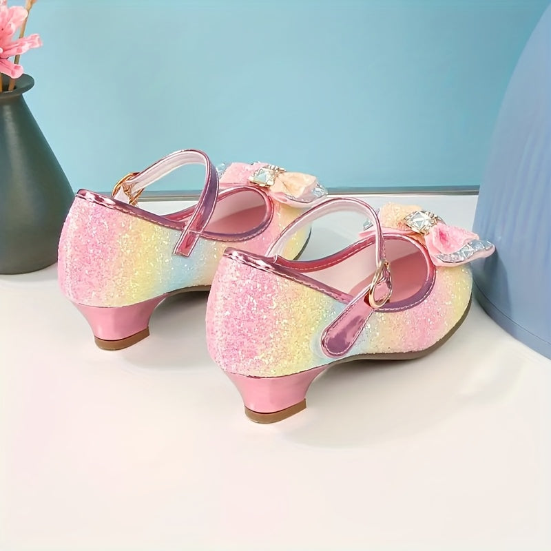 Girls' Iridescent Dress Shoes with Pastel Rainbow Sparkle and Bow Details for Parties and Celebrations
