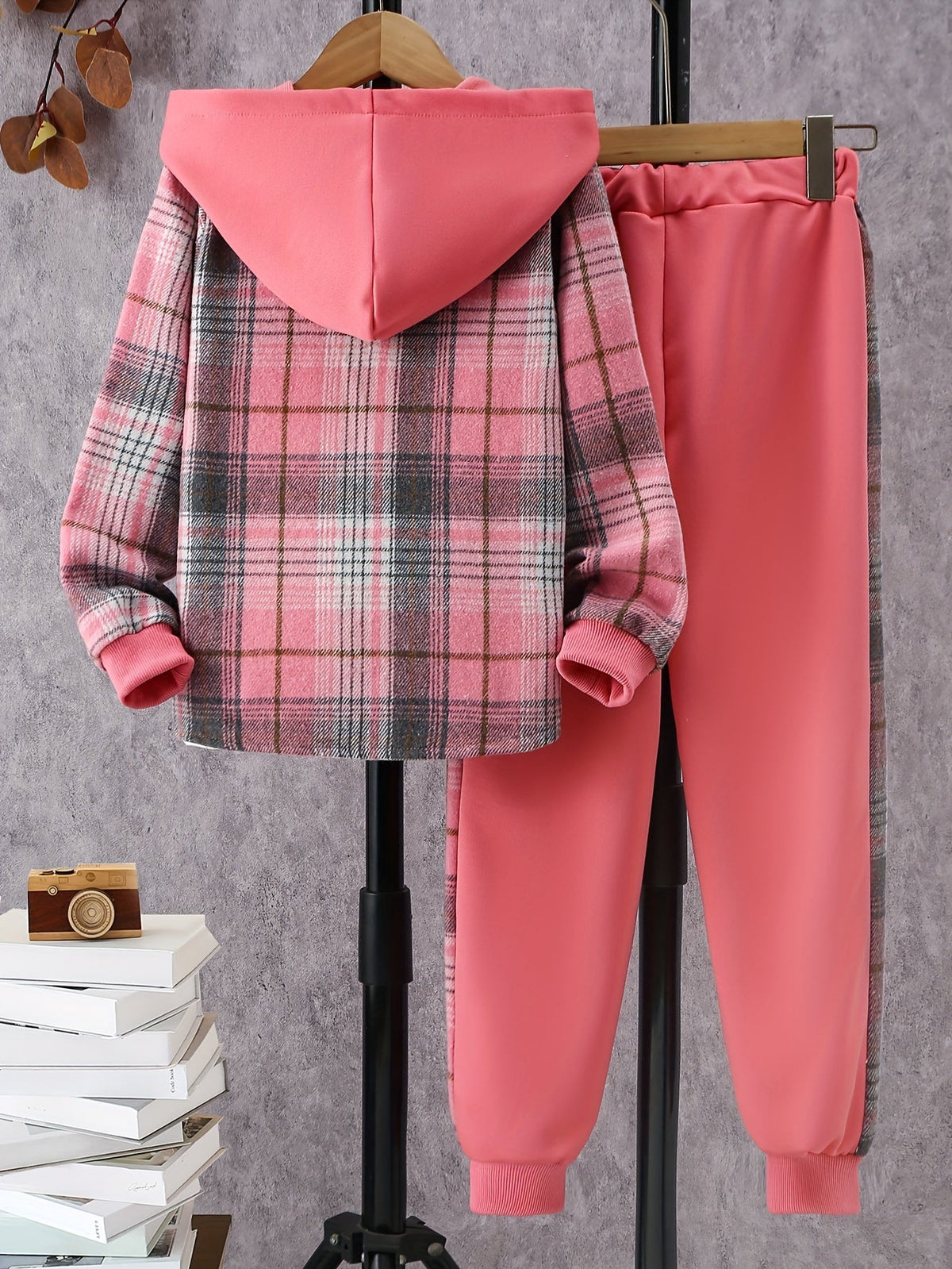 Girls' Plaid Outfit Set with a Hooded Button-Front Shirt and Matching Jogger Pants for Fall Casual Wear