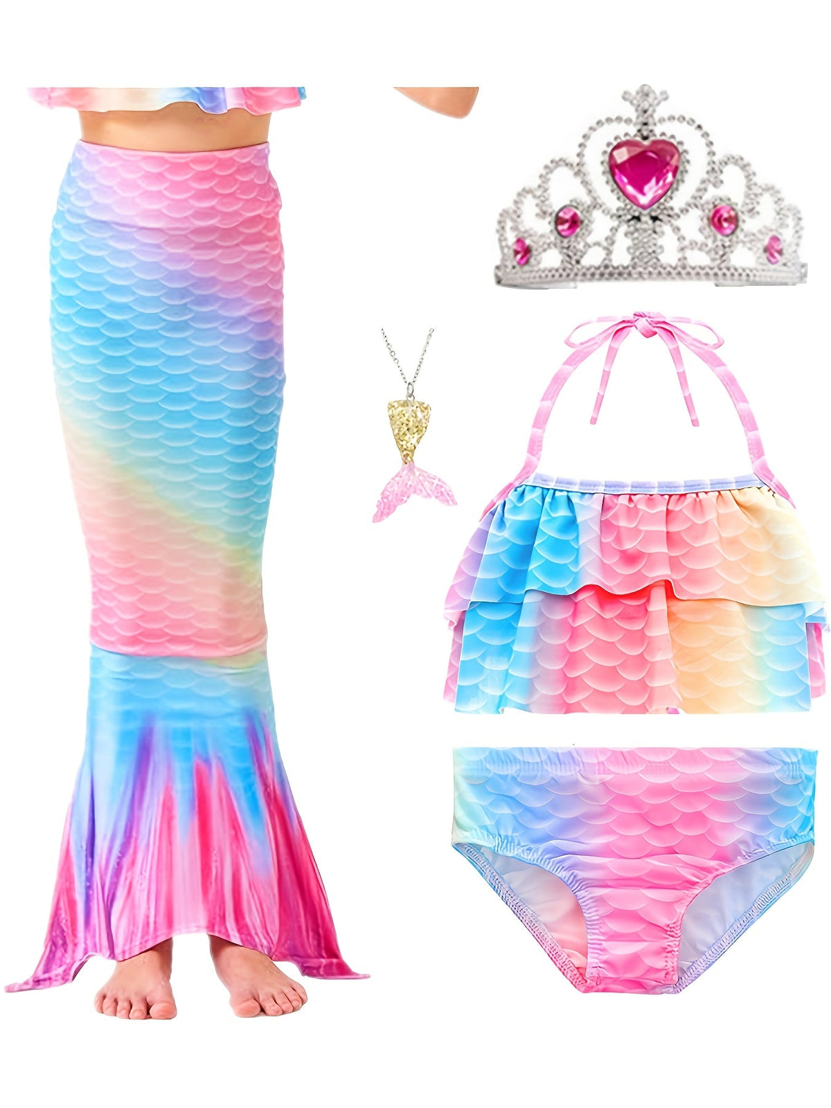 Girls' Mermaid Tail Costume 5-Piece Set with Matching Top and Briefs for Imaginative Dress-Up
