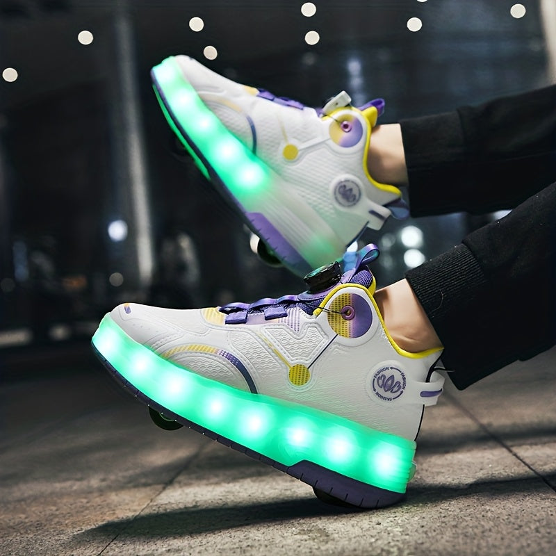 LED Roller Shoes for Girls with Dial Closures and Wheels Built into Thick Soles for Recreational Skating