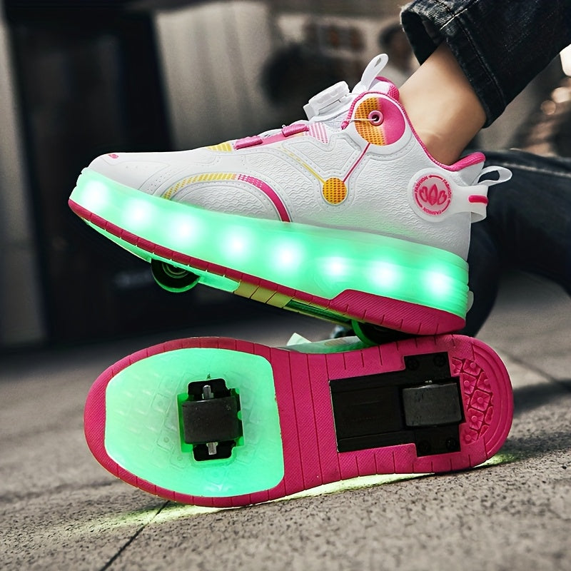 LED Roller Shoes for Girls with Dial Closures and Wheels Built into Thick Soles for Recreational Skating