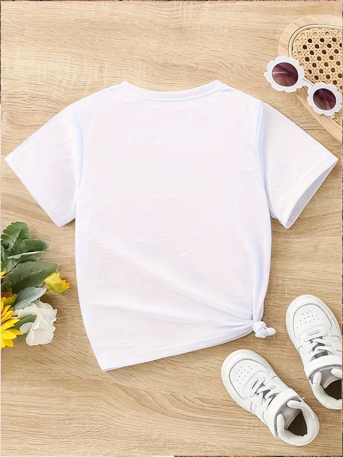 Girls' White Cotton Kidlife Graphic T-Shirt with Hair Buns and Leopard Sunglasses for Casual Summer Wear