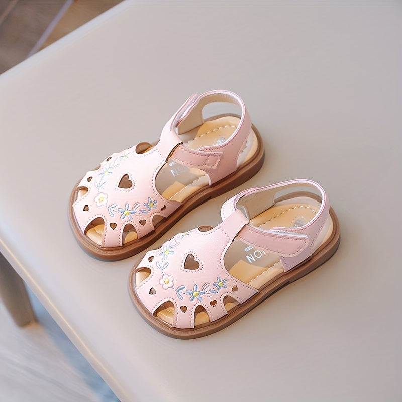 Girls' Beige Closed Toe Sandals with Floral Designs and Heart Cutouts for Sweet Summer Outfits