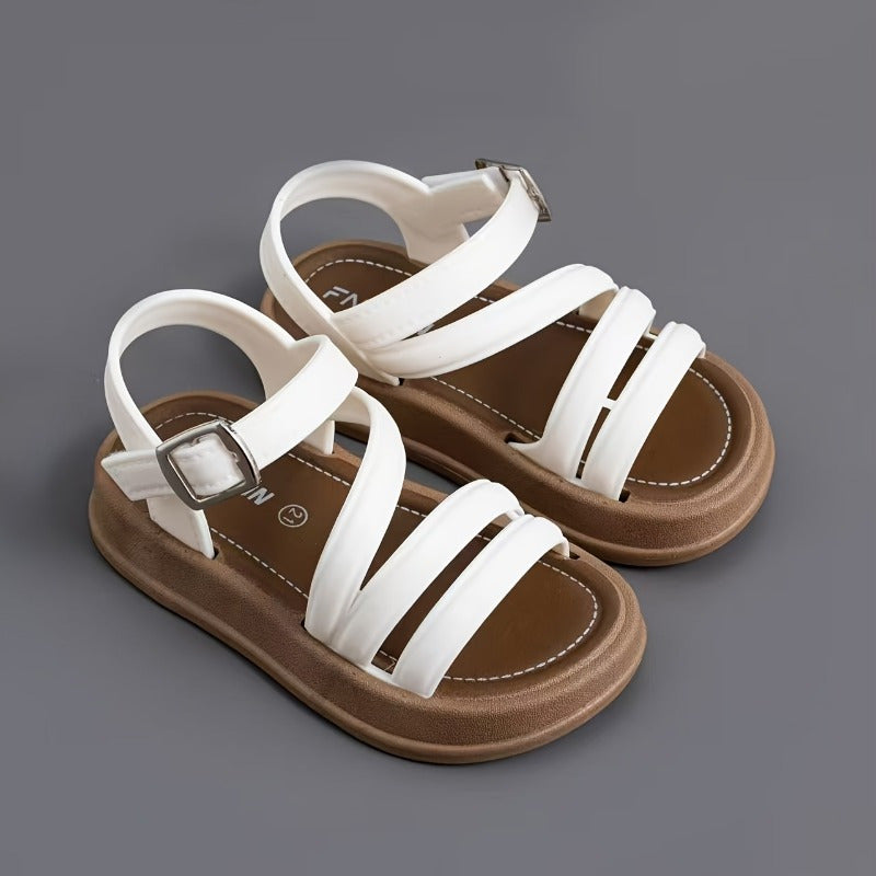 Girls' Sandals with Diagonal Front Straps and Ankle Buckles in Black, Pink or White for Summer Outfits