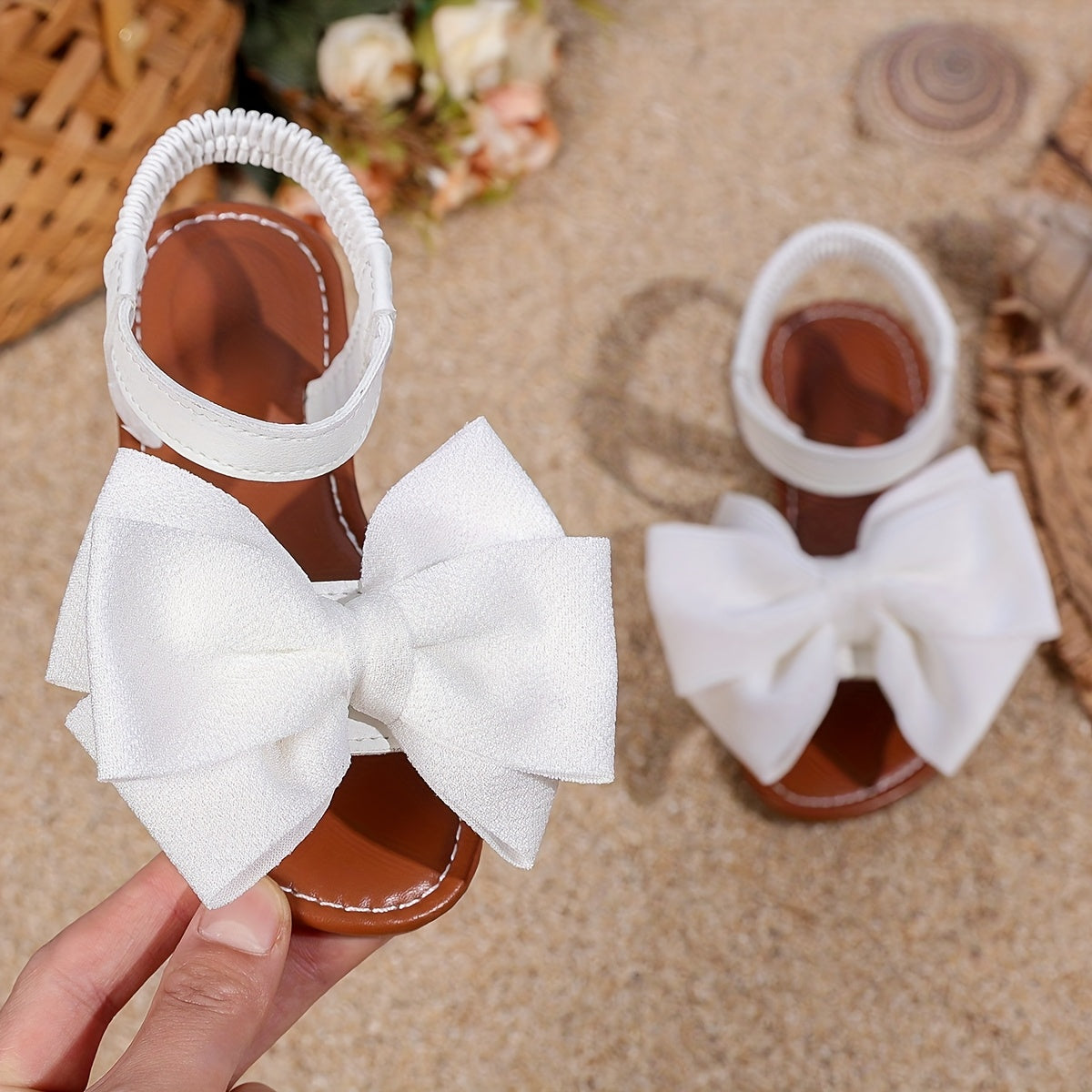 Girls' Flat Bow Sandals with Elastic Back Strap in Black or White for Summer Dresses and Casual Outfits