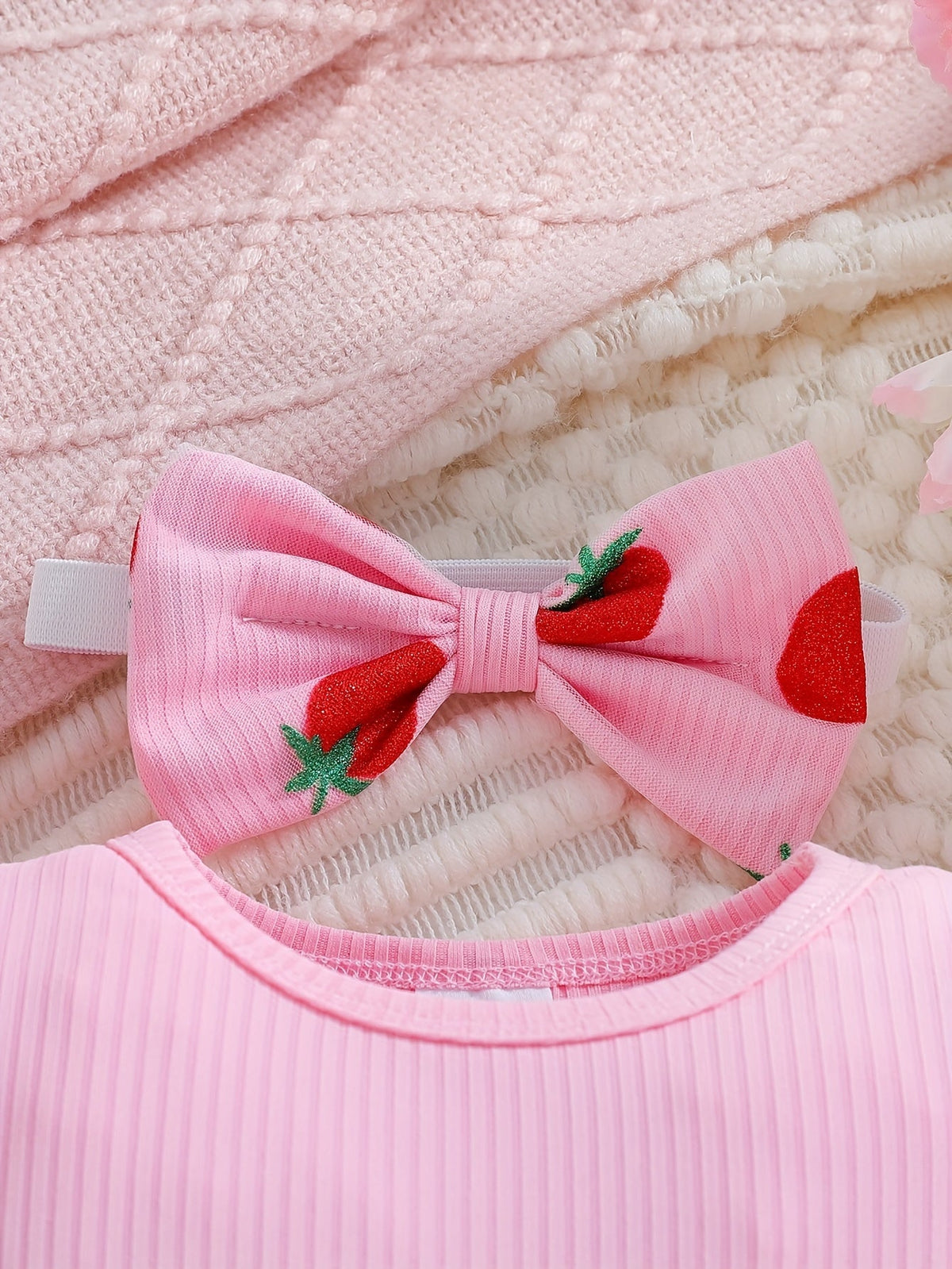 Baby Girls' Strawberry Skirted Bodysuit in Pink with Long Sleeves and a Front Bow for Dressy Outings