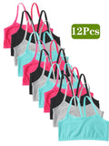 Girls' Training Bras 12-Pack in Assorted Solid Colors with Slim Shoulder Straps for Everyday Layering
