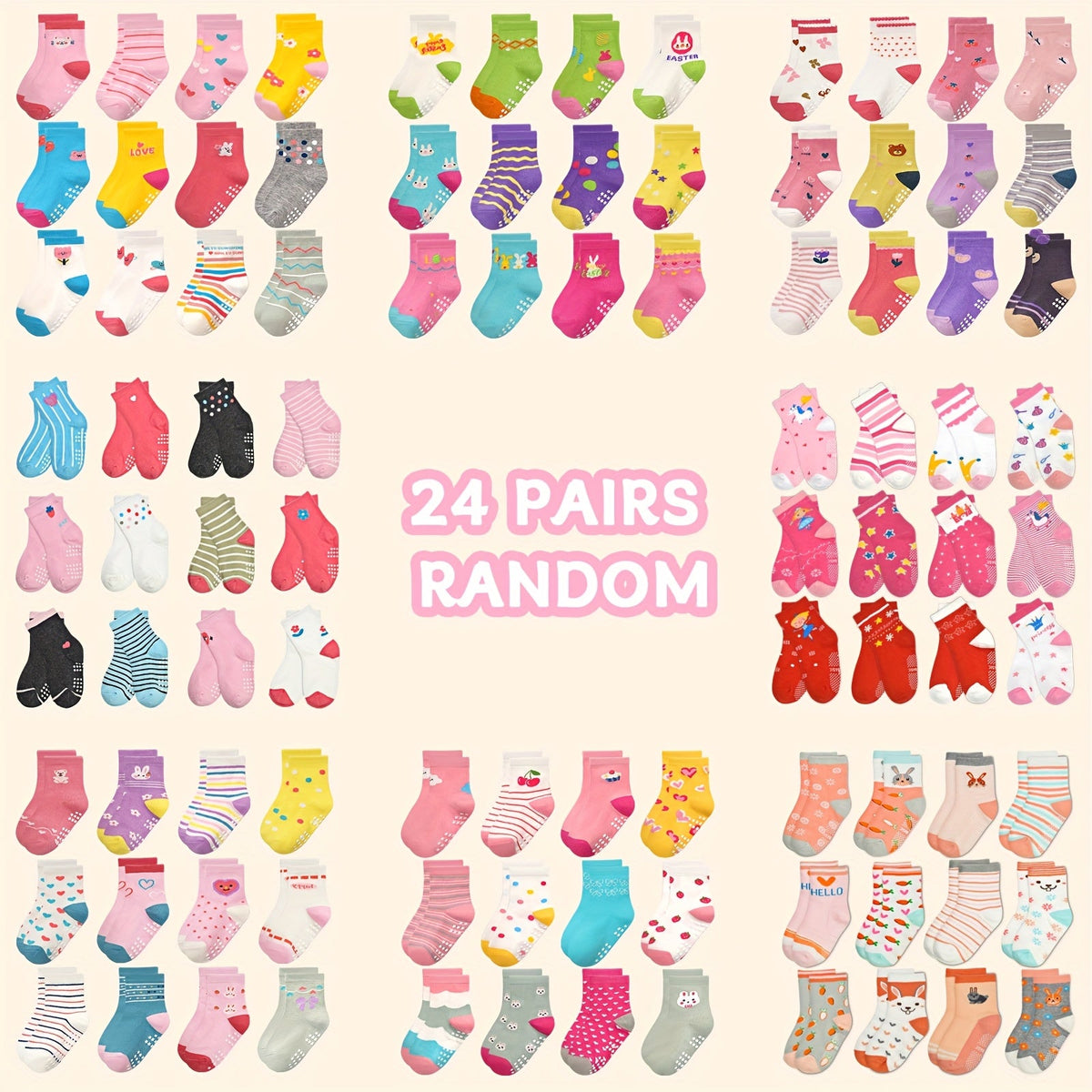 Kids' Patterned Crew Socks in 12 or 24-Pair Random Assortments with Ribbed Cuffs for Everyday Changes
