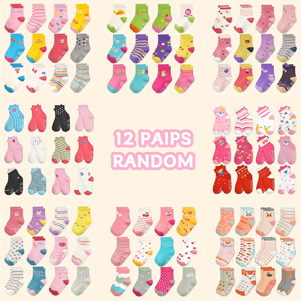 Kids' Patterned Crew Socks in 12 or 24-Pair Random Assortments with Ribbed Cuffs for Everyday Changes