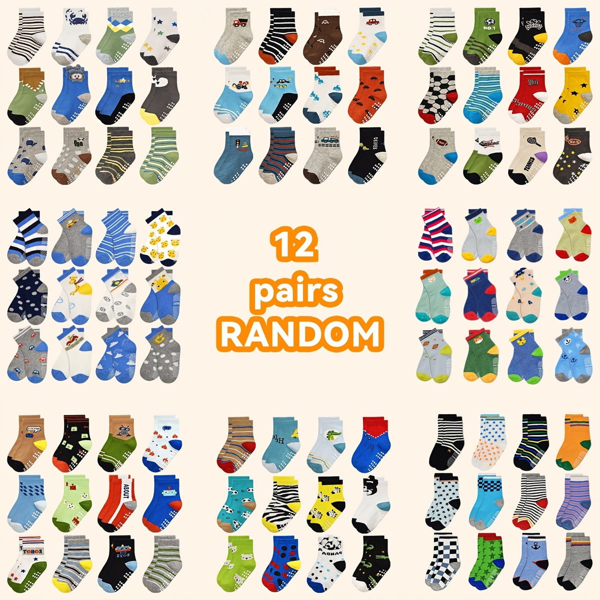 Kids' Patterned Crew Socks in 12 or 24-Pair Random Assortments with Ribbed Cuffs for Everyday Changes