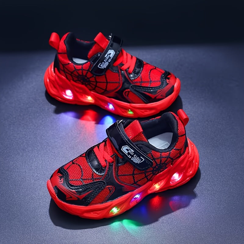 Spiderweb Light Up Sneakers for Kids with Colorful Sole Lights and Instep Straps in Red or Blue