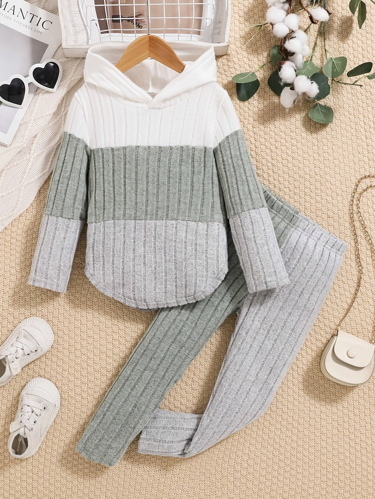 Kids' Ribbed Color Block Hoodie and Pants Set with Long Sleeves for Casual Fall and Winter Outfits