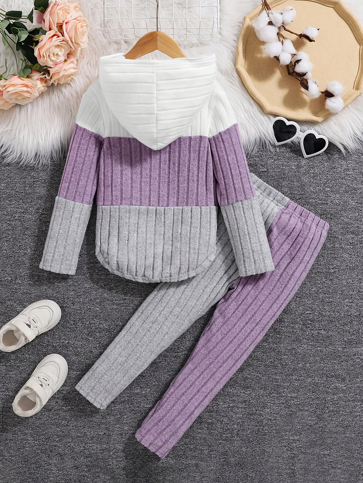 Kids' Ribbed Color Block Hoodie and Pants Set with Long Sleeves for Casual Fall and Winter Outfits