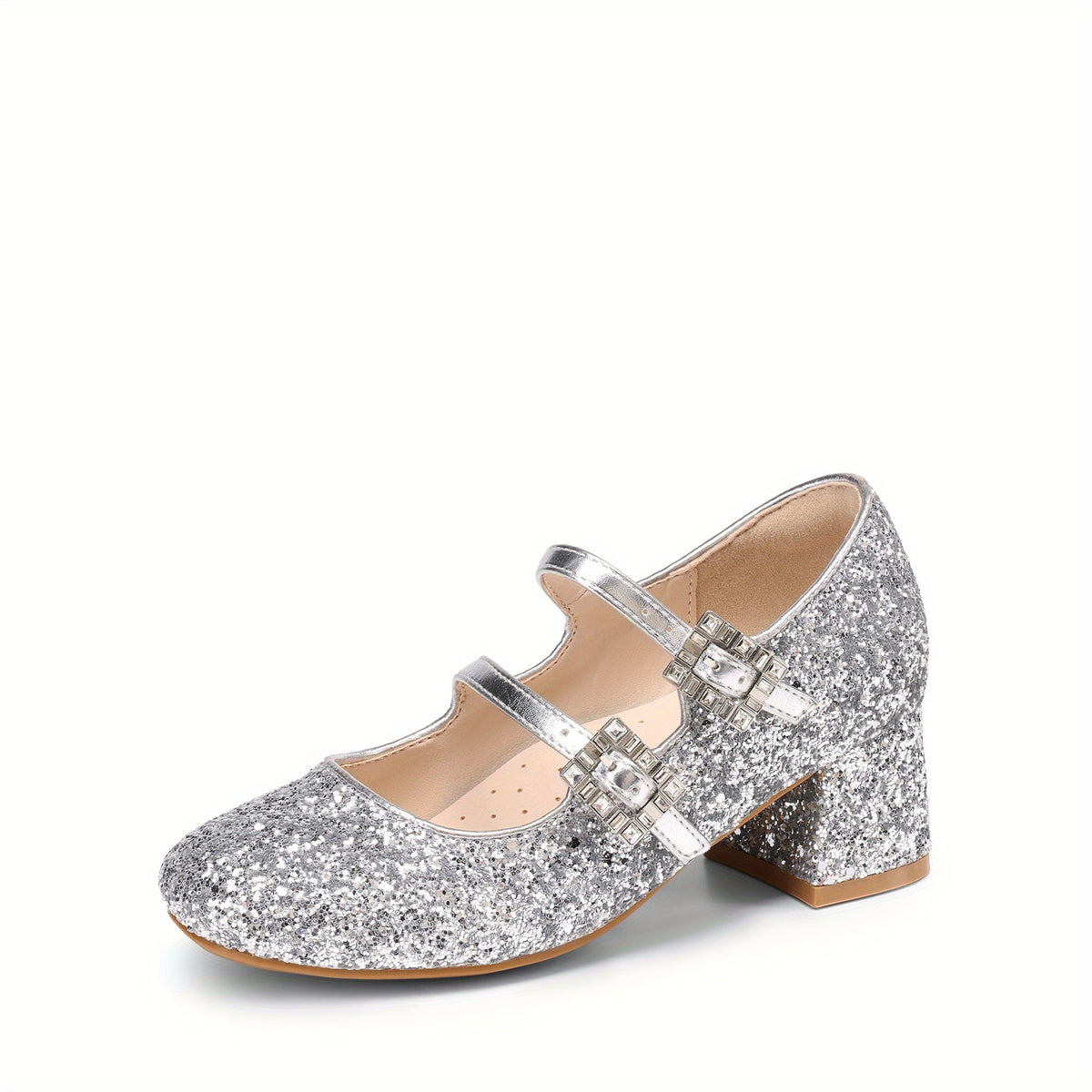 Girls' Double Strap Mary Jane Dress Shoes with Sparkling Buckles and Low Block Heels for Parties