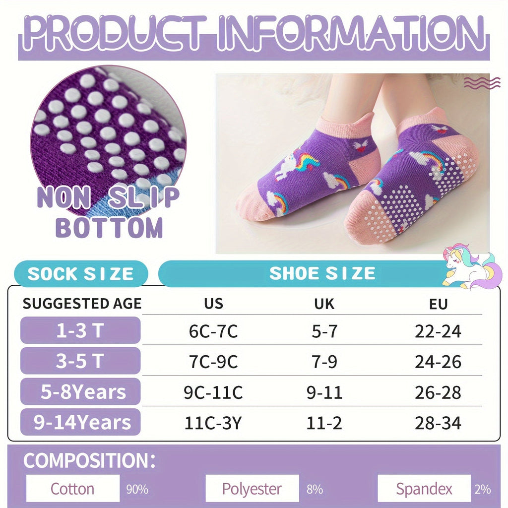 Girls' Unicorn Ankle Socks in 9 or 18-Pair Packs with Dotted Grip Soles for Colorful Everyday Outfits