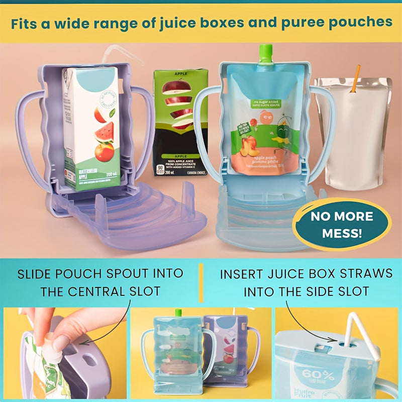 Food Pouch Holder Two-Pack with Easy-Grip Handles and an Adjustable Support for Kids Juice Boxes and Snacks