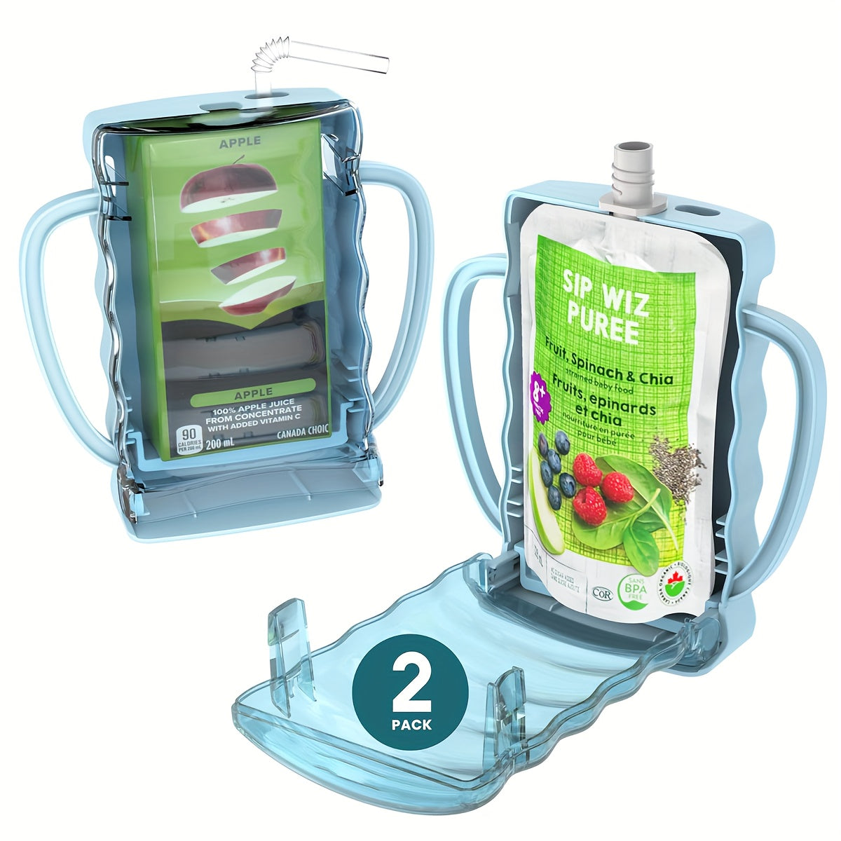 Food Pouch Holder Two-Pack with Easy-Grip Handles and an Adjustable Support for Kids Juice Boxes and Snacks