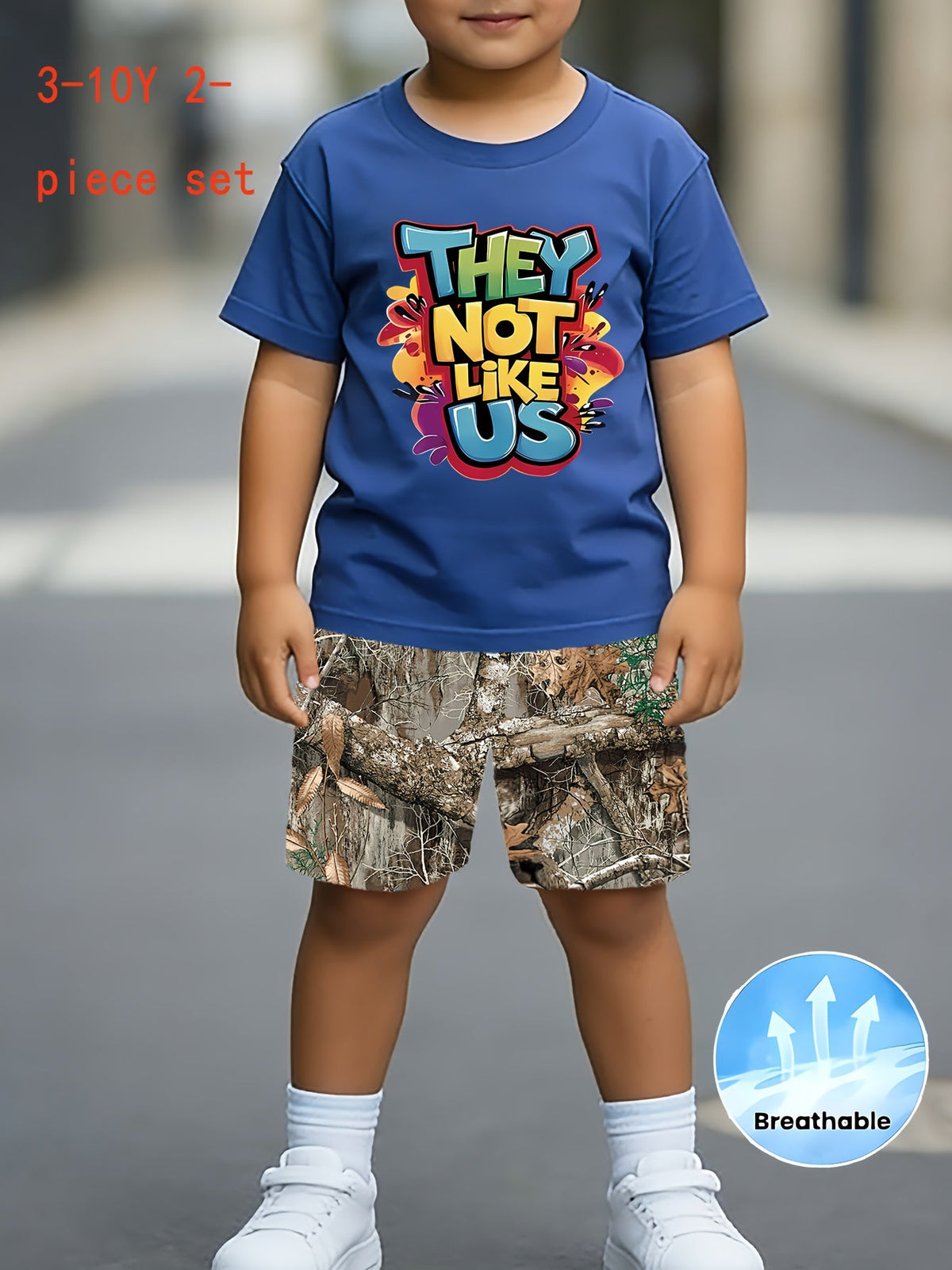 Kids' Graphic T-Shirt and Splatter Print Shorts Set with Colorful They Not Like Us Lettering for Summer