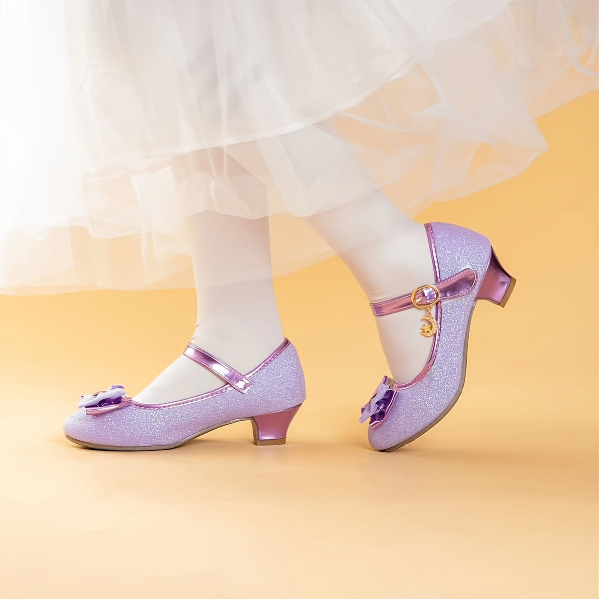 Glitter Mary Jane Shoes for Girls with Bow Fronts and Low Block Heels in Blue or Purple for Dressy Outfits