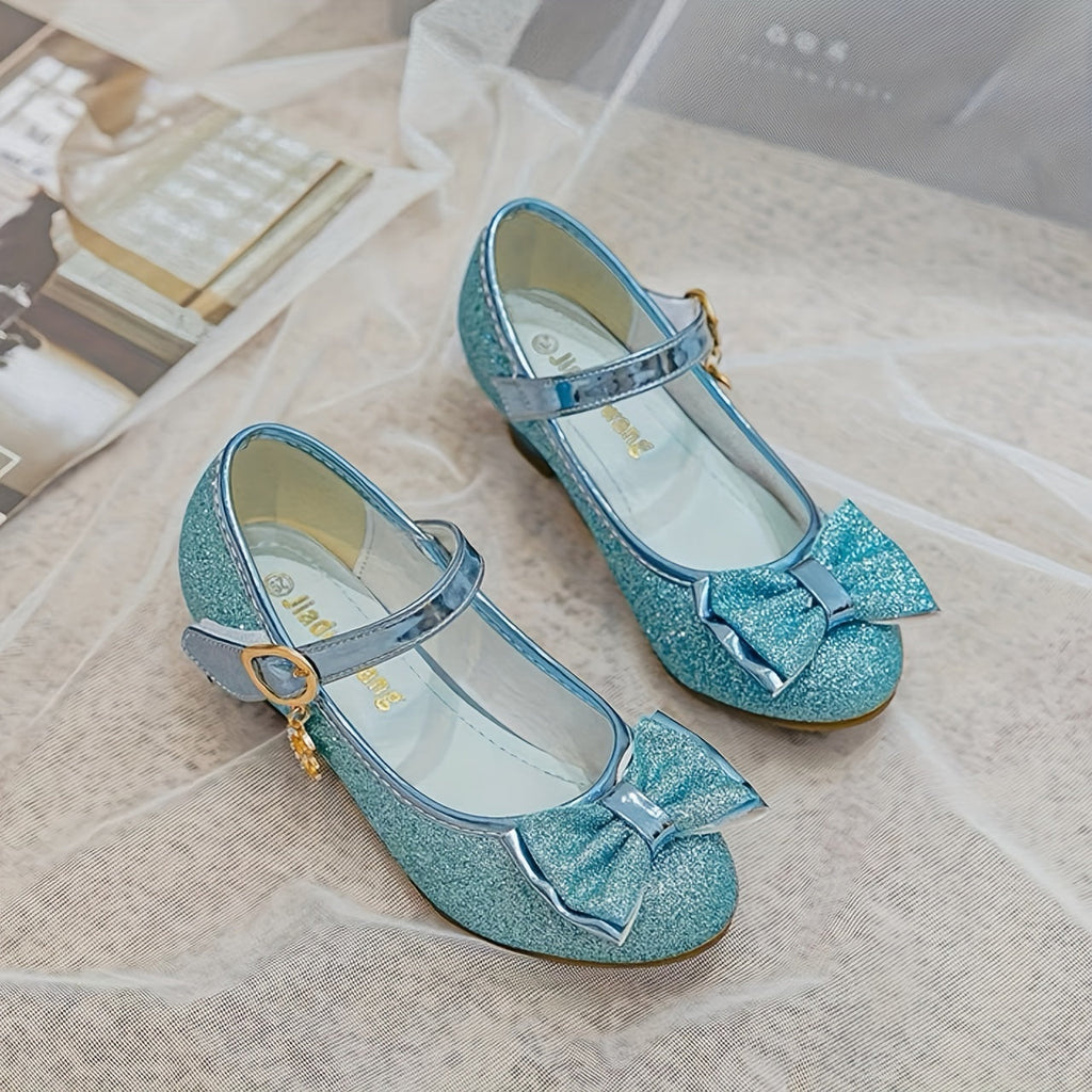 Glitter Mary Jane Shoes for Girls with Bow Fronts and Low Block Heels in Blue or Purple for Dressy Outfits