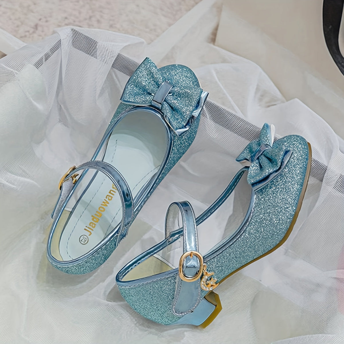 Glitter Mary Jane Shoes for Girls with Bow Fronts and Low Block Heels in Blue or Purple for Dressy Outfits
