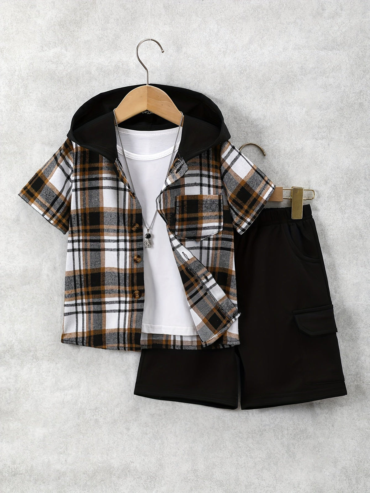 Kids' Hooded Shorts Set with a Short Sleeve Plaid Button Shirt and Matching Cargo Style Shorts