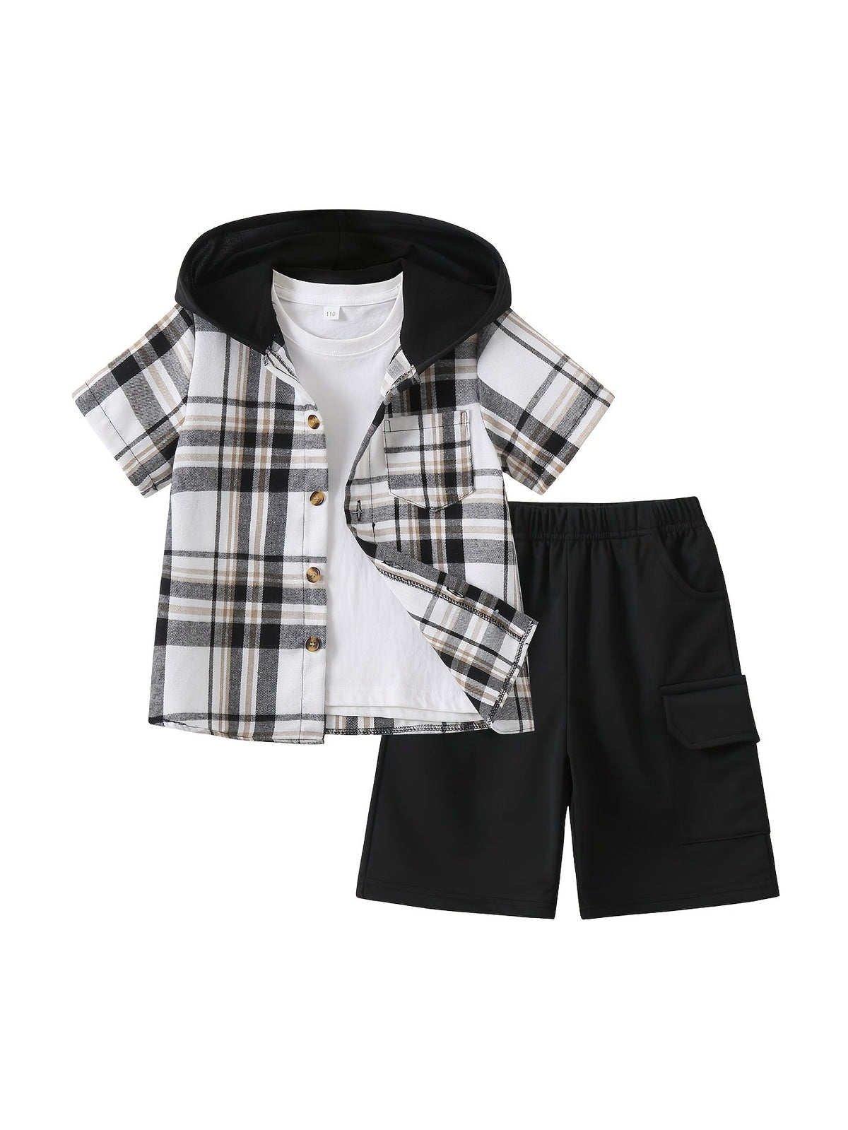 Kids' Hooded Shorts Set with a Short Sleeve Plaid Button Shirt and Matching Cargo Style Shorts
