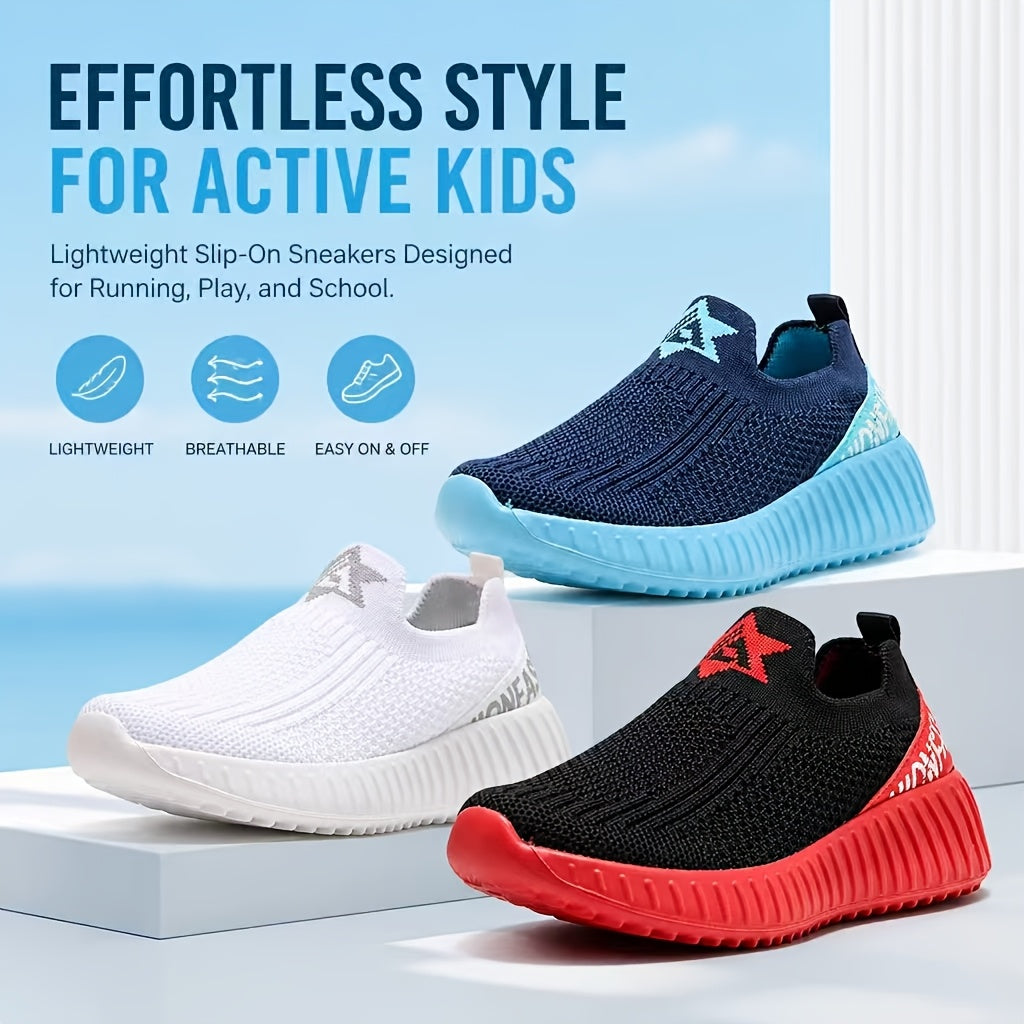 Kids' Slip-On Sneakers with Ribbed Sole Edges and Mesh-Texture Uppers for School Days and Playground Outfits