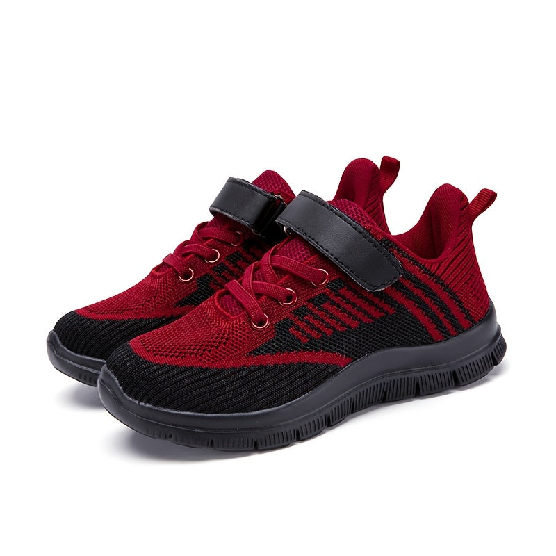 Kids' Mesh Sneakers with Instep Straps and Striped Knit Panels in Green, Blue or Red for Everyday Play