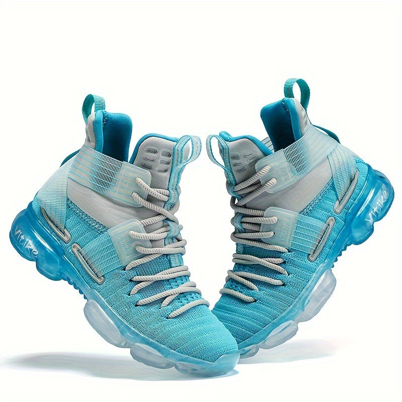 Kids' Blue High Top Sneakers with Crossed Ankle Straps and Translucent Sole Sections for Casual Wear