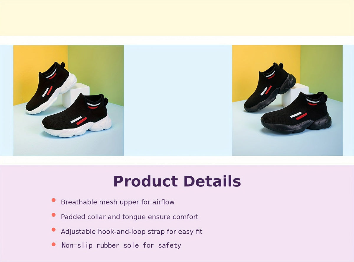 Kids' Slip-On Sneakers in Black Knit with Sock Cuffs and Striped Pull Tabs for Everyday Casual Outfits